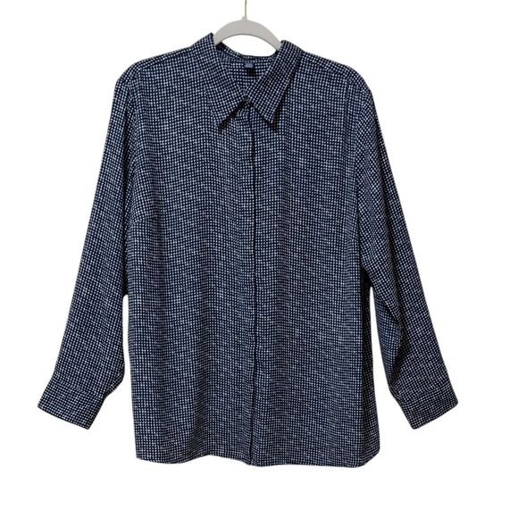 Chaps Geometric Print Semi Shear Blouse Navy 2X Polka Dot Collar Button Front - Picture 1 of 11